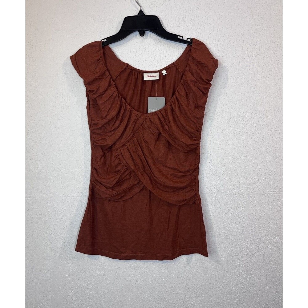 Deletta Rust Brown Ruched Cap-Sleeve Blouse